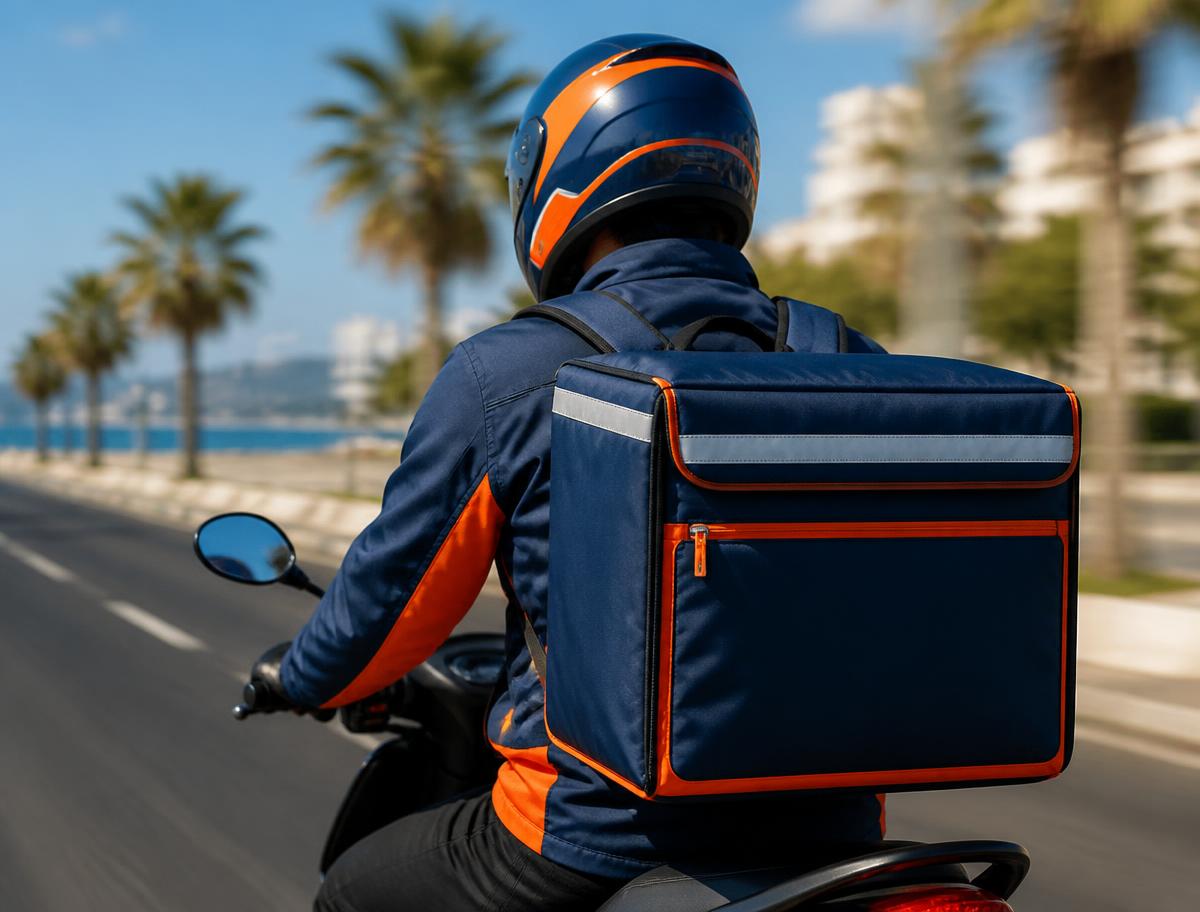 Entregador VaiBarra em moto com bag de entregas